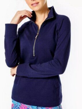 Lilly Pulitzer Navy Half-Zip Pullover with Gold Zipper UPF 50+ Skipper Popover